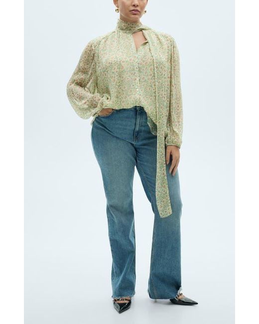 Mango Gray Belle Floral Chiffon Tie Neck Top