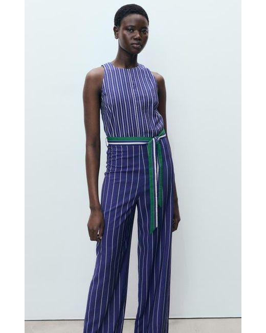 Mango Blue Stripe Tie Waist Jumpsuit
