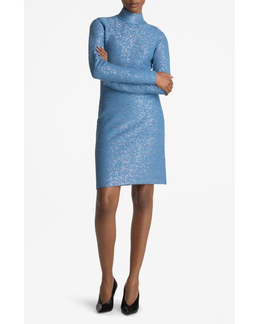 St. John Blue Iridescent Sequin Long Sleeve Back Cutout Sweater Dress