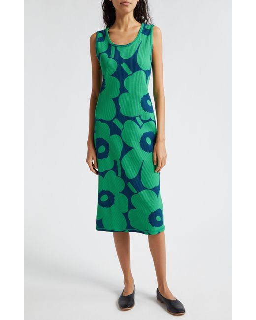 Marimekko Green Simpukka Unikko Rib Floral Cotton Tank Dress