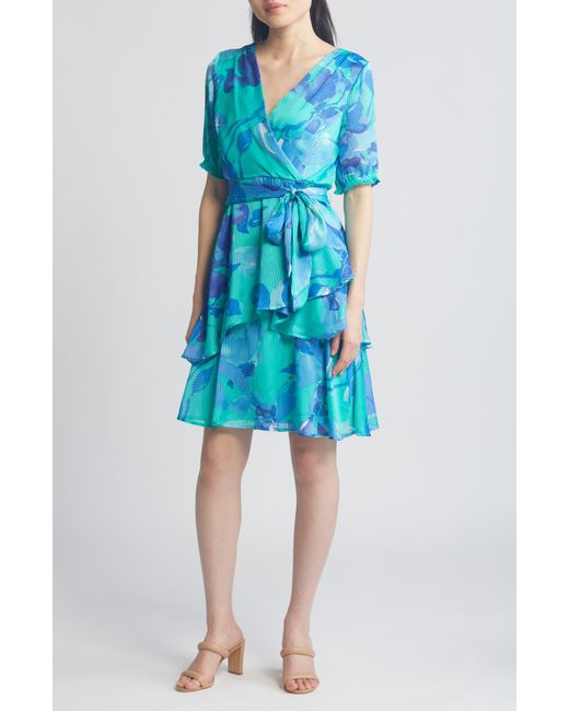 Tahari Blue Floral Shadow Stripe Satin Dress