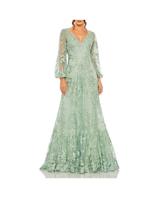 Mac Duggal Green V Neck Puff Sleeve A Line Embroidered Gown