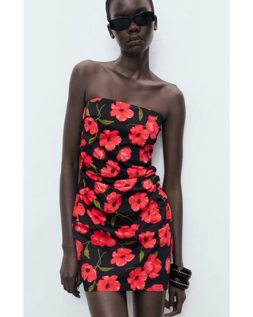 Mango Red Strapless Floral Minidress
