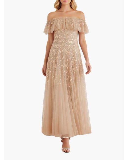 Needle & Thread Brown Dappled Sequin Off-Shoulder Ankle Gown