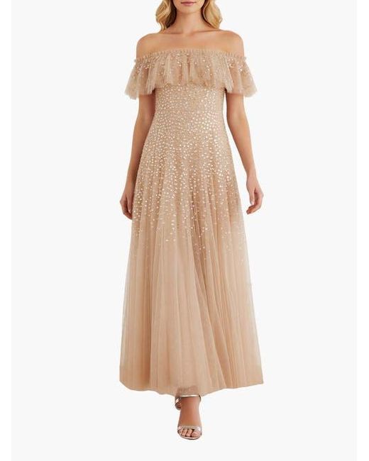 Needle & Thread Brown Dappled Sequin Off-Shoulder Ankle Gown
