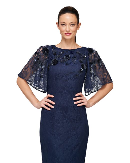 JS Collections Blue Kalani Embellished Lace Gown
