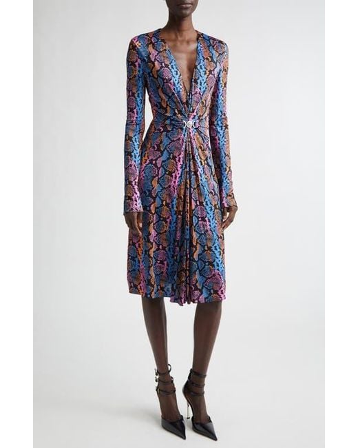 Versace Python Print Long Sleeve Liquid Jersey Dress in Blue | Lyst