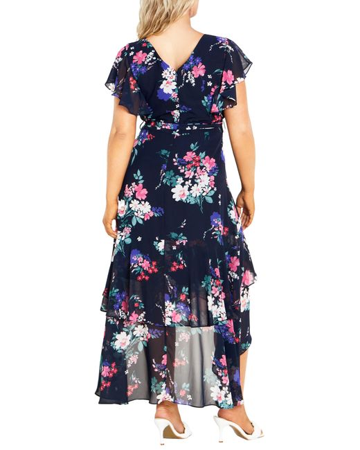 City Chic Blue Margot Floral Print Asymmetric Maxi Dress