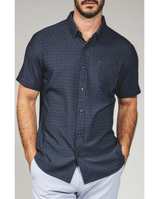 7 Diamonds Blue Teo Textured Geo Pattern Short Sleeve Stretch Button-Up Shirt for men