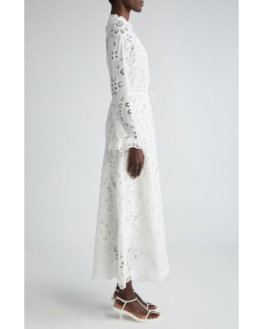 Zimmermann White Ottie Mock Neck Long Sleeve Guipure Lace Maxi Dress