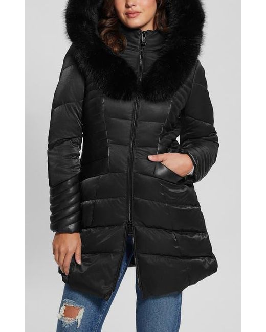 Guess Black New Oxana Mixed Media Puffer Coat
