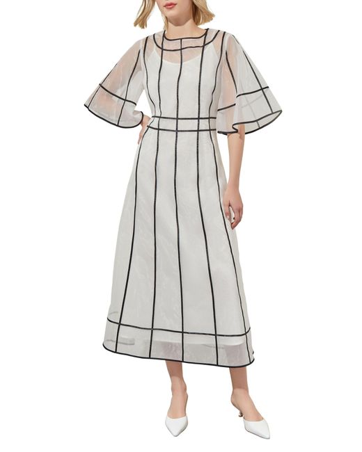 Ming Wang White Stripe Organza Midi Dress