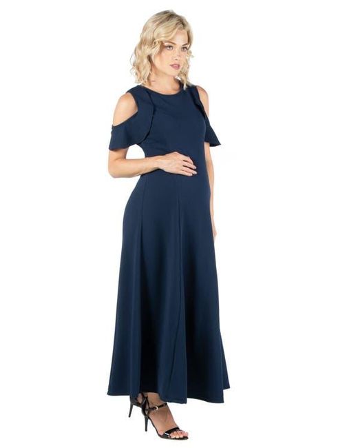 24seven Comfort Apparel Blue Maternity Ruffle Cold Shoulder A-Line Maxi Dress