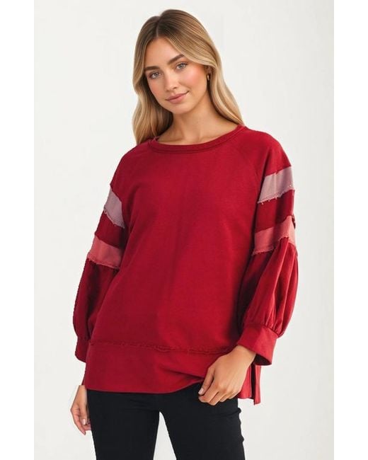 Knit & Lounge Red Relaxed Crewneck Statement Sleeve Stripe Top