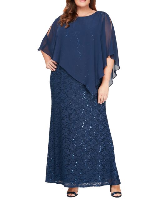 SLNY Blue Sequin Floral Lace Dress With Capelet