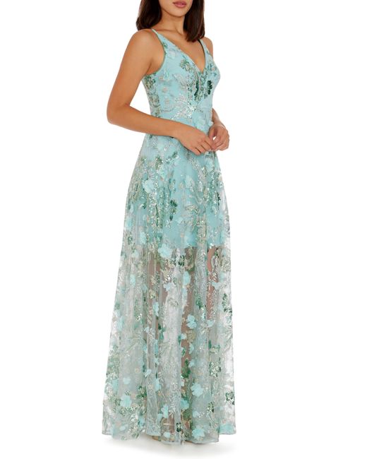 Dress the Population Blue Sidney Beaded Floral Appliqué Gown