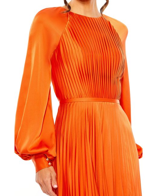 Ieena for Mac Duggal Orange Pleated Long Sleeve Satin A-line Gown