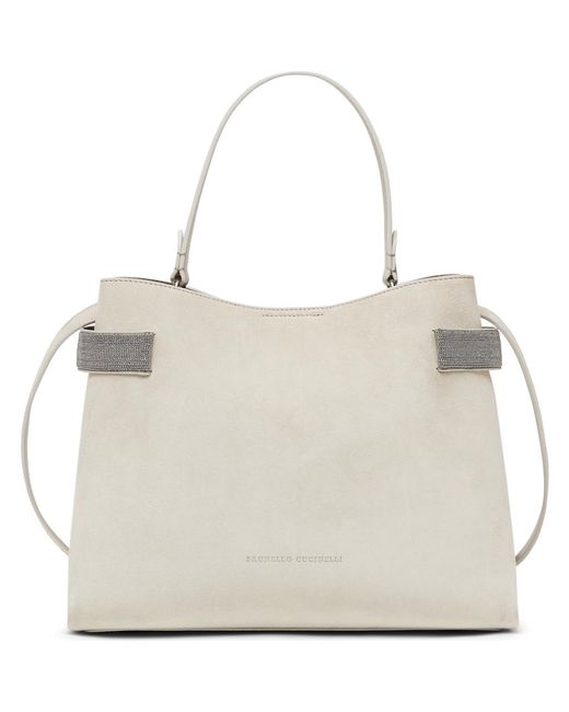 Brunello Cucinelli Gray Suede Top-Handle Essence Bag
