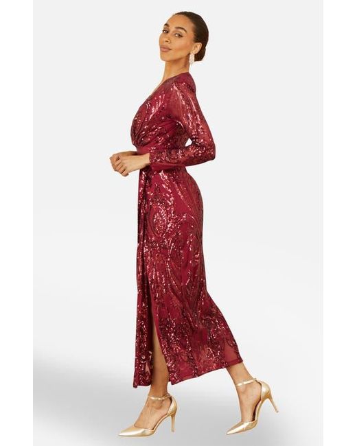 Yumi' Red Sequin Midi Long Sleeve Wrap Dress