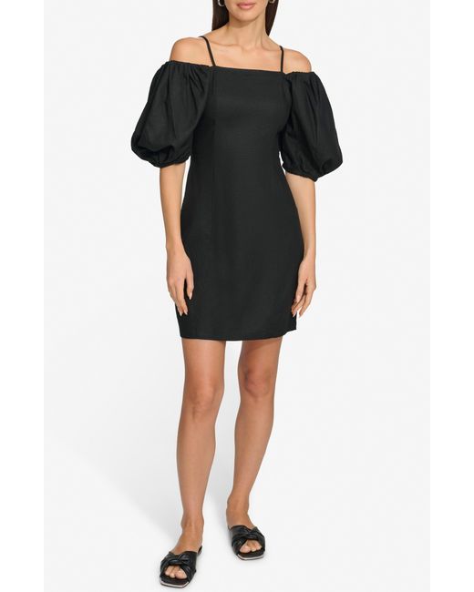 DKNY Black Puff Sleeve Linen Blend Sheath Dress