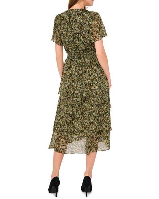 Vince Camuto Green V-Print Georgette Tiered Dress