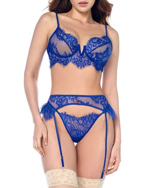 MAPALE Women's Blue Eyelash Lace Bra, Thong & Garter Belt Set
