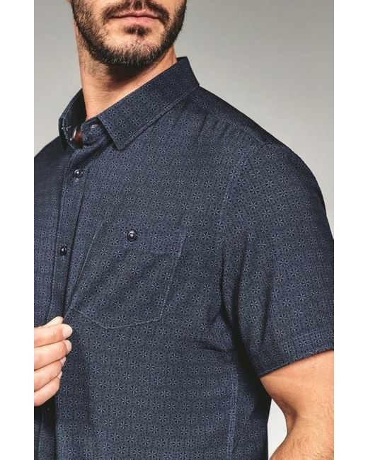 7 Diamonds Blue Teo Textured Geo Pattern Short Sleeve Stretch Button-Up Shirt for men