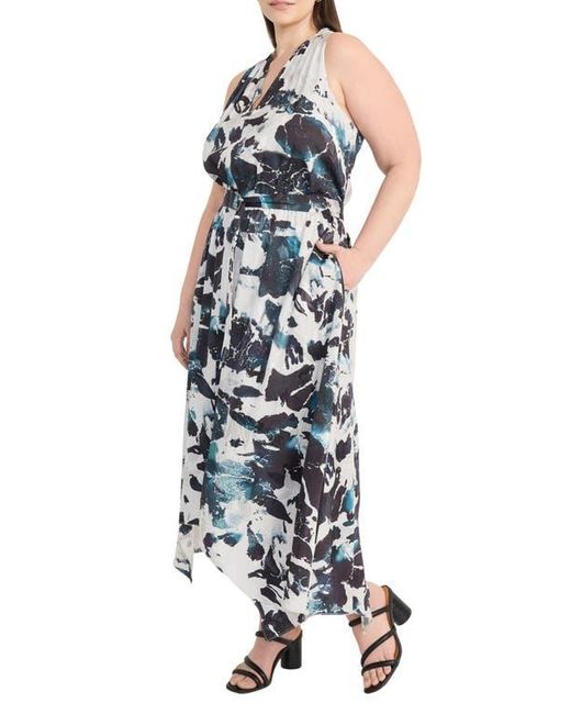 Maggy London Blue Abstract Print Handkerchief Hem Midi Dress
