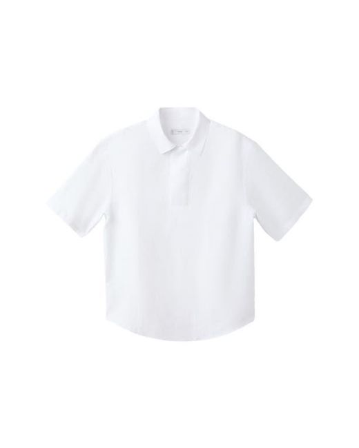 Mango White Solid Slub Linen Polo for men