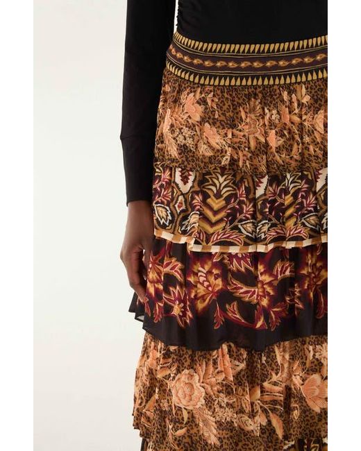 Farm Rio Brown Mixed Scarf Print Tiered Ruffle Maxi Skirt