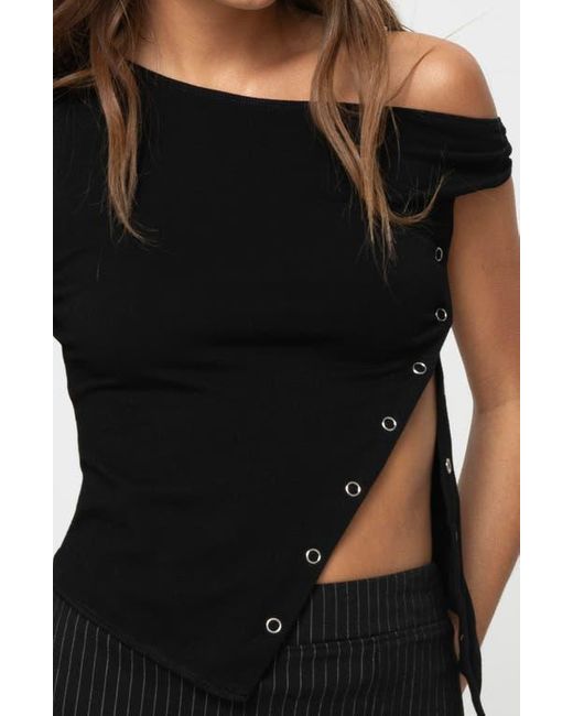 Princess Polly Black Karre One-Shoulder Side Snap Top
