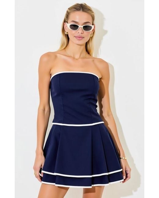 Modenaire Blue Strapless Contrast Trim Pleated Mini Dress