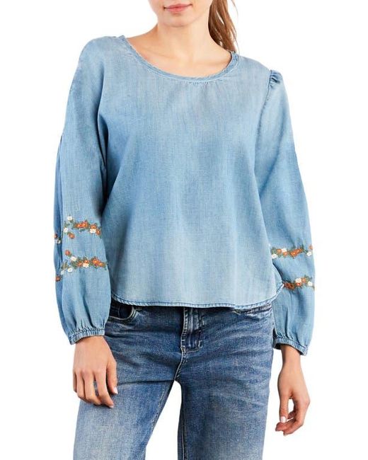 BILLY T Blue Floral Embroidery Cotton Blend Poet Top