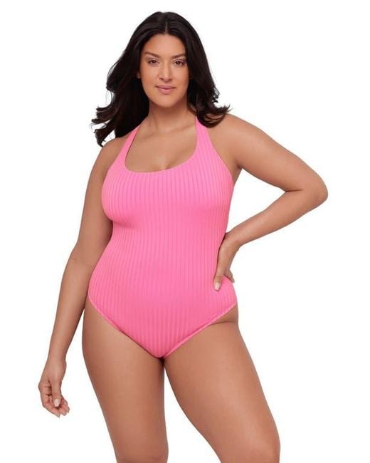 S3 Pink Ribbed Scoopneck Crossback One Piece Swimsuit