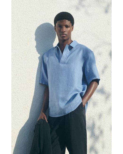 Mango Blue Solid Slub Linen Polo for men
