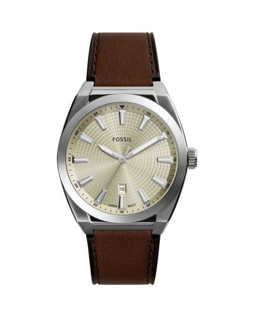 Fossil Metallic Everett Leather Strap Watch, 42Mm for men