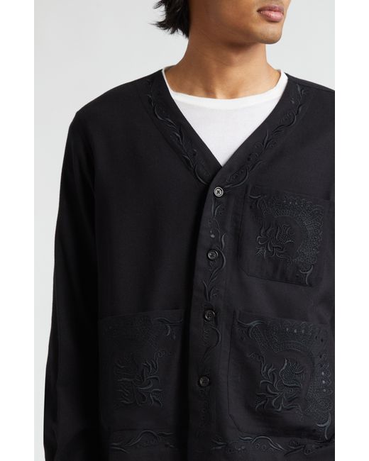 Bode Black Dumas Embroidered V-neck Wool Button-up Overshirt for men
