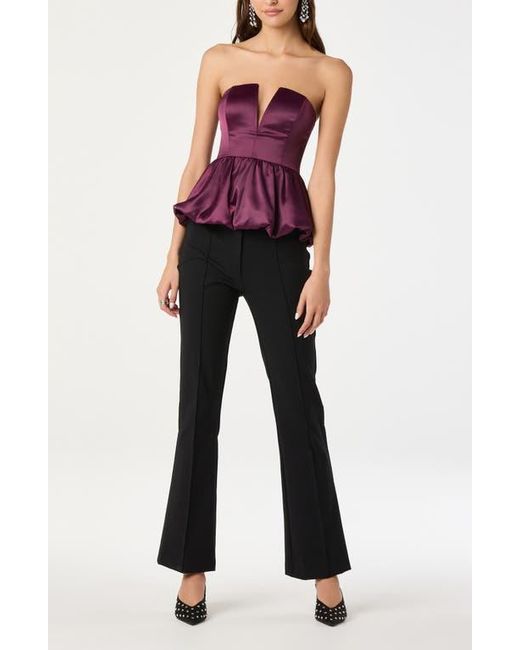Astr Purple Satin Strapless Plunge Peplum Top