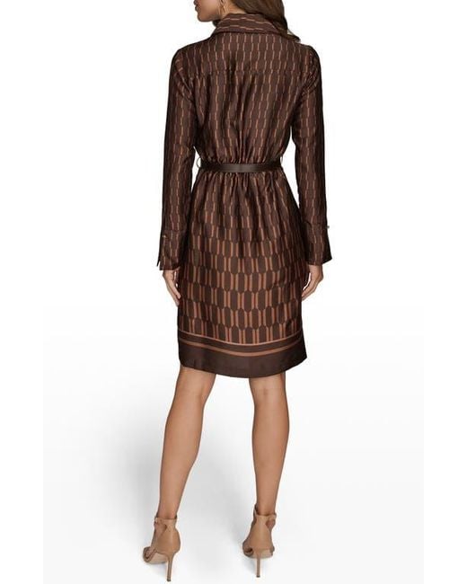 Donna Karan Brown Geo Print Long Sleeve Satin Dress