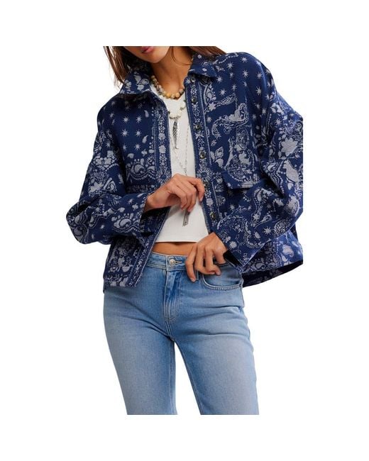 Free People Women's Blue Bandana Jacquard Shirt Jacket