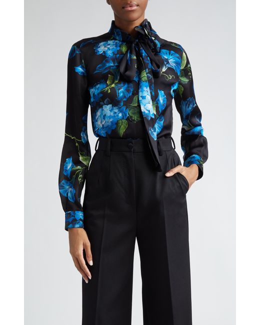 Dolce & Gabbana Bluebell Floral Print Tie Neck Silk Satin Shirt With Detachable Appliqué