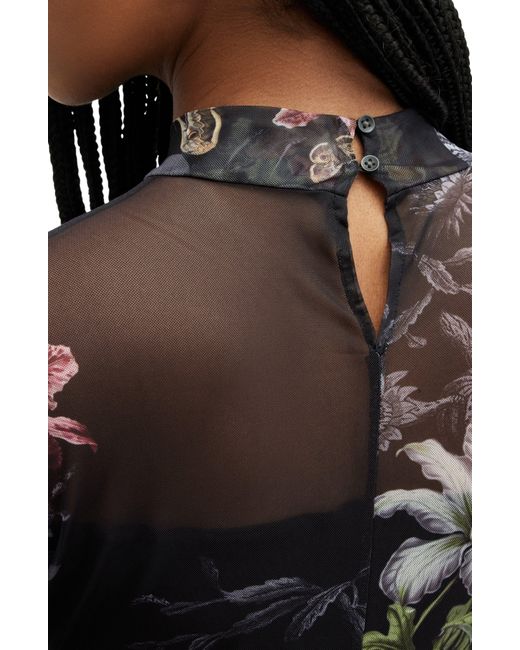 AllSaints Black Hanna Sanibel Floral Print Long Sleeve Mesh Maxi Dress