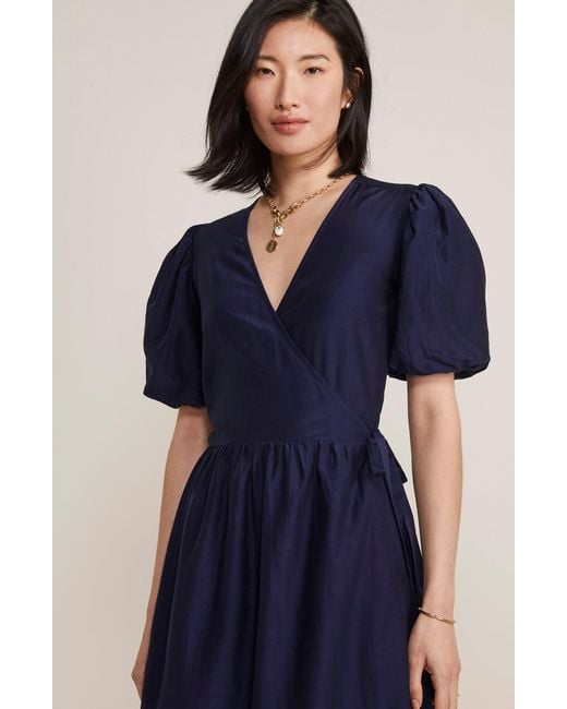 Vineyard Vines Blue Puff Sleeve Cotton & Silk Midi Wrap Dress