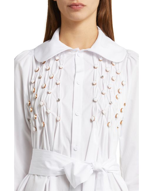Saint Sintra White Empire Drindl Swarovski Crystal Embellished Cotton Shirtdress