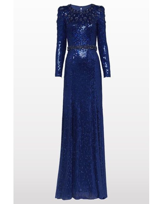 Jenny Packham Blue Georgia Sequined Long-Sleeve Gown