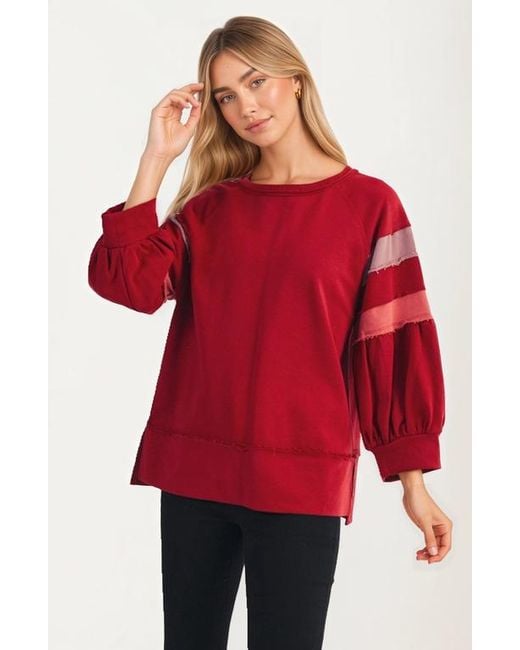 Knit & Lounge Red Relaxed Crewneck Statement Sleeve Stripe Top