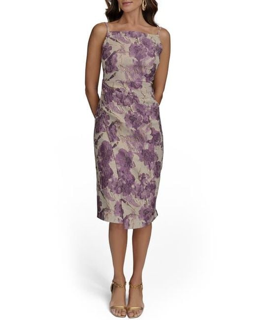 Donna Karan Red Floral Metallic Jacquard Midi Dress