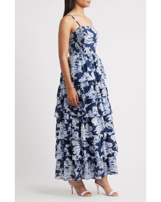 Eliza J Mixed Print Tiered Cotton Maxi Dress in Blue | Lyst