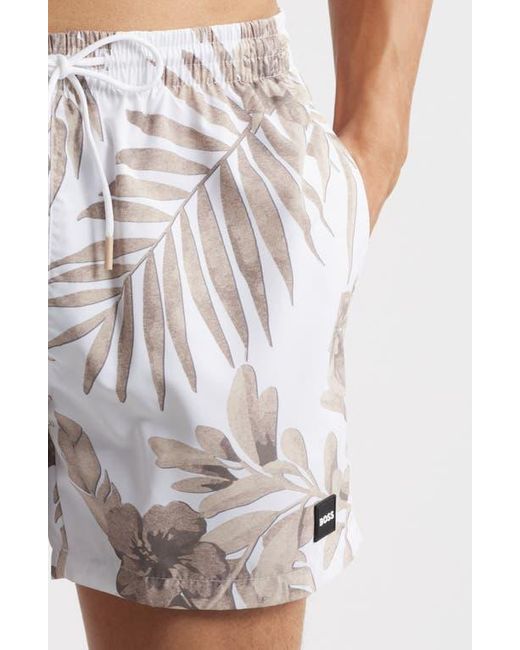 Boss White Piranha Floral Swim Trunks for men