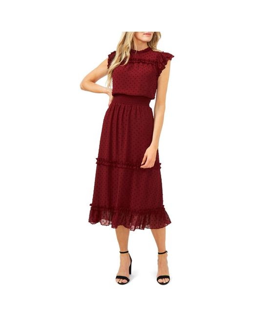 Cece Red Clip Dot Flutter Sleeve Midi Dress